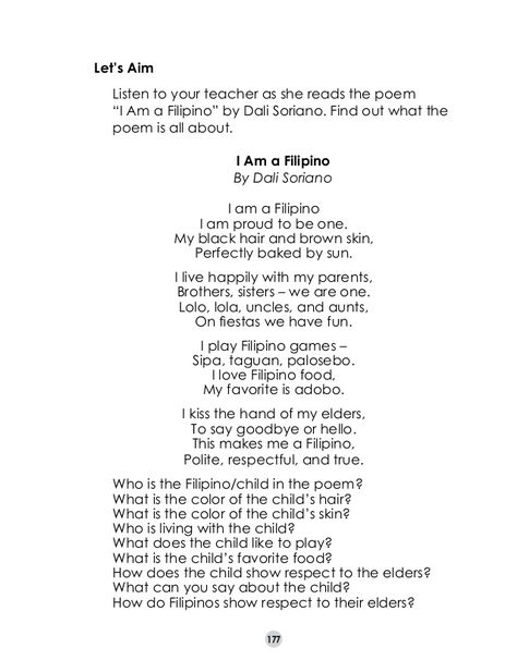 177Let’s Aim	 Listen to your teacher as she reads the poem 	“I Am a Filipino” by Dali Soriano. Find out what thepoem i... 4 Line Poem, Poems In English, Birthday Cake Topper Printable, The Poem, Lightroom Presets Free, Listening To You, Dali, Lightroom Presets, Cake Topper