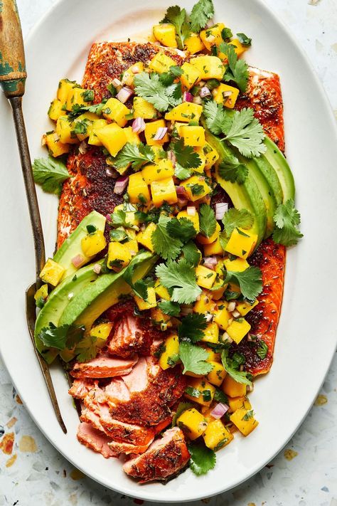 Blackened Salmon with Mango Salsa and Avocado | The Modern Proper Summer Salmon Recipe, Salmon With Mango Salsa, Blackened Salmon Recipes, Mango Salmon, Salmon With Mango, Mango Salsa Salmon, Fresh Mango Salsa, Mango Avocado Salsa, The Modern Proper