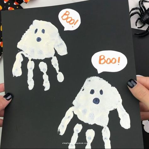 Handprint Ghost Art | blog, ghost | 👻 Ghost Handprint Art 👀 See the details on the blog | By Fun Crafts For Kids | Facebook Halloween Crafts For Toddlers, The Whoot, Footprint Art, Foot Print, Daycare Crafts, Toddler Halloween, Halloween Crafts For Kids, Handprint Art, Childrens Crafts