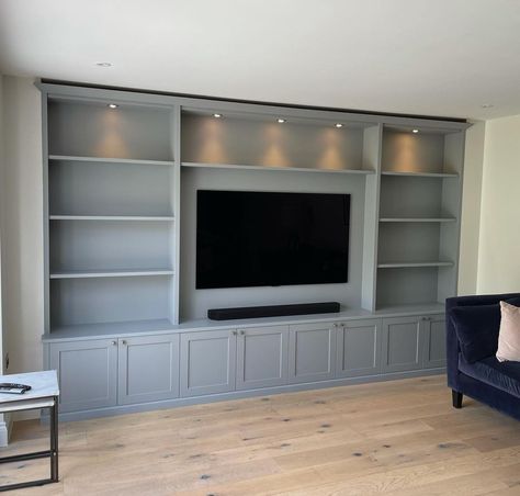 Basement Tv Built In Wall Units, Blue Media Wall Living Room, Humphrey Munson Tv Cabinet, Media Wall In Open Plan Kitchen, Media Unit Styling, Bespoke Tv Wall Unit, Bespoke Media Wall, Navy Media Wall, Large Lounge Room Ideas