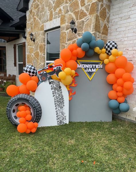 Backdrop for monster truck party Cars And Monster Trucks Birthday, Monster Truck Birthday Party Backdrop, Monster Truck Birthday Balloons, Monster Truck Photo Prop, Monster Truck Party Backdrop, Monster Truck Arena Ideas, Monster Jam Trunk Or Treat, Monsters Truck Birthday Party Ideas, Monster Jam Birthday Backdrop