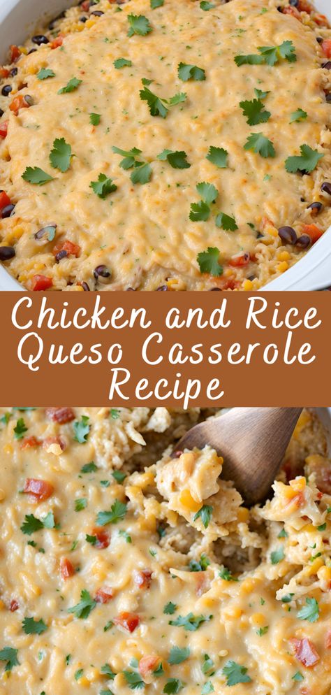 Chicken and Rice Queso Casserole Recipe | Cheff Recipes Chicken Rice Queso, Queso Casserole, Food Casseroles, Mexican Chicken And Rice, Roast Zucchini, Simple Green Salad, Cheesy Sauce, Diced Chicken, Chicken And Rice