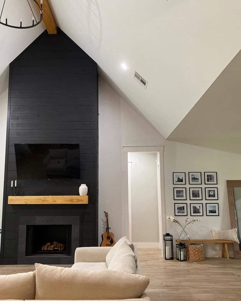 Black Shiplap Cathedral Ceiling Fireplace - Soul & Lane Stone Tile Fireplace, Black Brick Fireplace, Grey Stone Fireplace, Two Story Fireplace, Grey Fireplace, Fireplace Facing, Shiplap Ceiling, Cathedral Ceilings, Black Fireplace