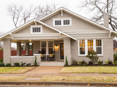 A 1937 Craftsman Home Gets a Makeover, Fixer-Upper Style | HGTV's Fixer Upper With Chip and Joanna Gaines | HGTV Painted Brick House, Bungalow Style House, Hgtv Fixer Upper, Gray House, Craftsman Bungalow, Bungalow Exterior, Craftsman Exterior, Bungalow Homes, Fixer Upper Style