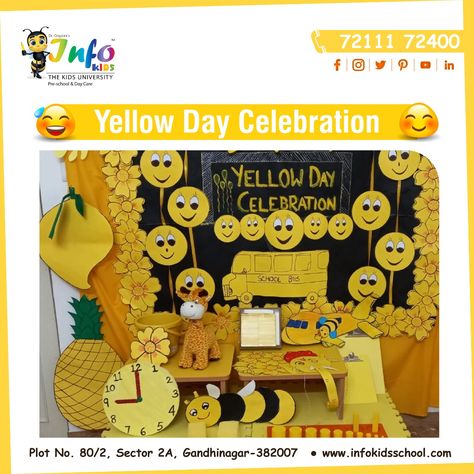 The Pre-School students of InfoKids, celebrated Yellow Day on 31st August 2020, with fun and enthusiasm virtually. All the children and their teachers were dressed colorfully to celebrate their color day. #yellowday #InfoKidsSchool #admission #preschool #kids #education Yellow Day Decoration Ideas For School, Yellow Day Celebration In School, Yellow Color Crafts For Preschool, Yellow Colour Craft For Preschoolers, Yellow Color Day Celebration In School, Yellow Day Craft Ideas, Yellow Crafts For Preschoolers, Colours Day Decoration In School, Yellow Day Board Decoration In Preschool