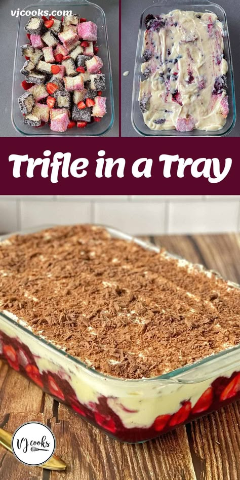 An amazing trifle made in a tray from layers of jelly, lamingtons, custard, chocolate cake, cream, strawberries and berry coulis. Trifle In A Tray, Fruity Trifle Desserts, Traditional Trifle Recipes, Berry Tiramisu Trifle, Chocolate Trifle Cake, Gf Trifle Desserts, Italian Trifle Desserts, Xmas Desert Ideas, Truffle Desserts Layered Easy