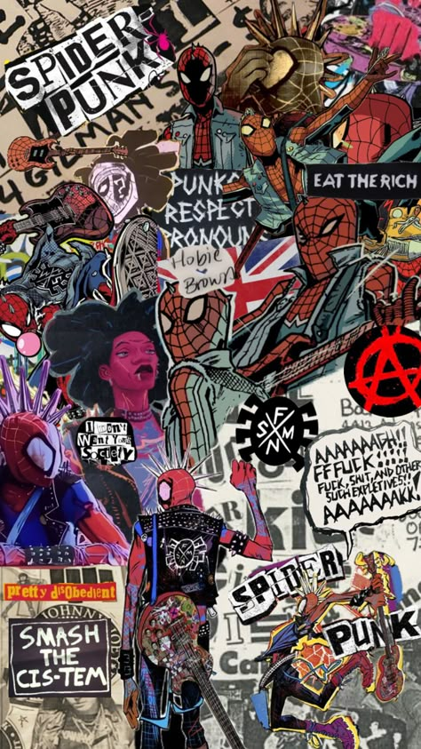 #spiderpunk #spiderman #spiderverse Punk Collage, Spiderman Room, Spiderman Poster, Marvel Art Drawings, Spiderman Spiderverse, Punk Wallpaper, Spider Punk, T Wallpaper, Spiderman Drawing