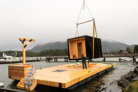 Floating Sauna by Aux Box - Dwell Building A Dock, Prefab Office, Floating Architecture, Sauna House, Backyard Studio, Sauna Design, Backyard Office, Outdoor Sauna, Exterior Cladding