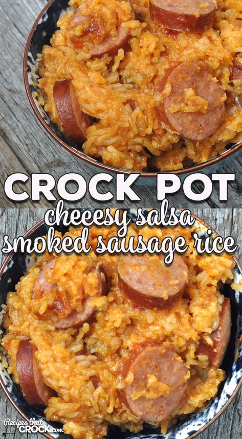 This Cheesy Salsa Crock Pot Smoked Sausage Rice recipe is super easy, and you don't have to cook your rice separately! Double score! Crockpot Meals Smoked Sausage, Recipes With Smoked Sausage And Rice, Crockpot Recipes Smoked Sausage, Smoked Sausage And Rice Instant Pot, Smoked Sausage Recipes Rice, Sausage And Rice Crockpot Recipes, Crock Pot Mexican Rice, Smoked Sausage Recipes Crockpot, Crockpot Smoked Sausage Recipes