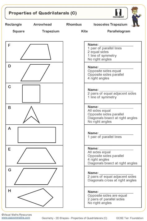 Explore the comprehensive Properties of Quadrilaterals Worksheet designed to enhance your understanding of various quadrilateral characteristics. Engage with thought-provoking questions that challenge your knowledge and mastery of quadrilateral properties. Perfect for students seeking to consolidate their grasp on this fundamental geometry concept, this worksheet offers a practical and effective learning resource. Dive into a world of shapes and angles as you navigate through the rich content me Understanding Quadrilaterals Class 8, Classifying Quadrilaterals Activities, Year 9 Maths Worksheets, Ks3 Maths Worksheets, Year 8 Maths Worksheets, Properties Of Quadrilaterals, Quadrilaterals Activities, Ks1 Maths Worksheets, Year 6 Maths Worksheets