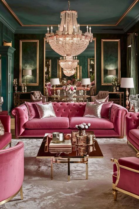 17 Pink and Green Living Room Ideas – The Crafty Hacks Pink Velvet Couch Living Room Ideas, Dark Green And Pink Living Room, Green And Pink Living Room Ideas, Fuschia Room, Pink Accent Living Room, Emerald Living Room, Pink Sofa Living Room Ideas, Green And Pink Living Room, Pink Accents Living Room