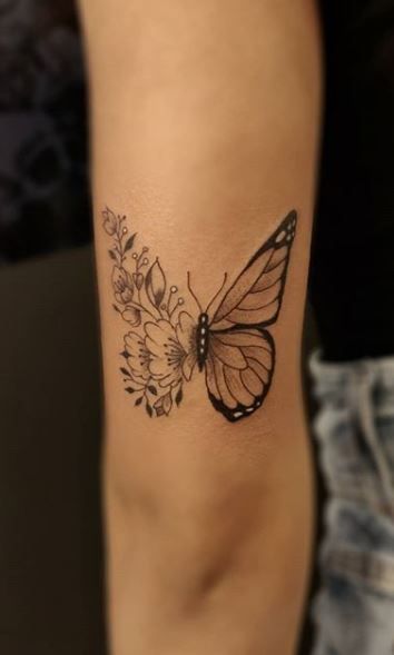 Butterfly Tattoo Women Arm, Mother Butterfly Tattoos, Above Elbow Butterfly Tattoo, Women Tattoos Butterfly, Back Elbow Tattoo Women, Butterfly Tattoo Behind Elbow, Mom Butterfly Tattoo, Back Of Arm Butterfly Tattoo, Butterfly Tattoo Above Elbow