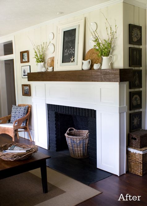 Our Fireplace- After | The Lettered Cottage Modern Fireplace Mantels, Fireplace Mantel Shelf, Wood Mantle, Fireplace Mantles, Mantle Ideas, White Fireplace, Fire Places, Fireplace Remodel, Diy Fireplace