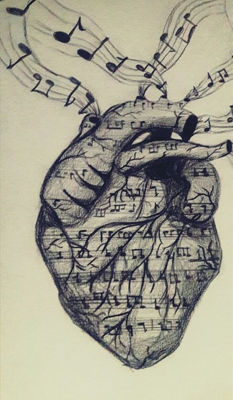 Music Psychology Art, Music In Art, Music Art Drawing Creative, Music Drawings Ideas Creative, Musical Notes Aesthetic, Drawings Of Music, Quotes With Drawing, Realistic Heart Drawing, Drawing Ideas Music