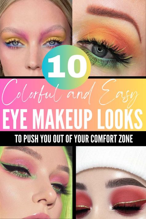 Easy and Colorful Eye Makeup Looks To Push You Out of Your Comfort Zone Colorful Eyeshadow Looks For Hooded Eyes, Playful Eye Makeup, Simple Bright Makeup, Colorful Eyeliner Hooded Eyes, Vibrant Eye Makeup, Fun Eye Makeup Ideas, Cool Eyeshadow Looks Creative, Fun Eyeshadow Looks Colorful, Unique Makeup Ideas Creative