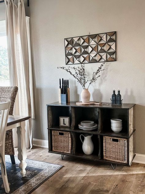 #organization #laundry #laundryroom Brown And Black House Decor, Black Cube Storage Ideas, Entrance Divider, Storage Shelves Bedroom, Cube Storage Bedroom, Entryway Credenza, Cube Storage Decor, Laundry Room Makeover Ideas, Credenza Storage