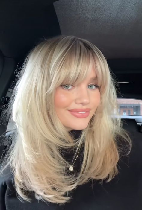 Medium Length Layers And Bangs, Front Bangs With Face Framing Layers, Long Blonde Hair With Bangs And Layers, Bangs With Medium Hair Blonde, Long Bob And Bangs, Medium Length Haircut With Bangs And Layers, Butterfly Cut With Highlights, Side Bangs With Curly Hair, Bangs On Blonde Hair