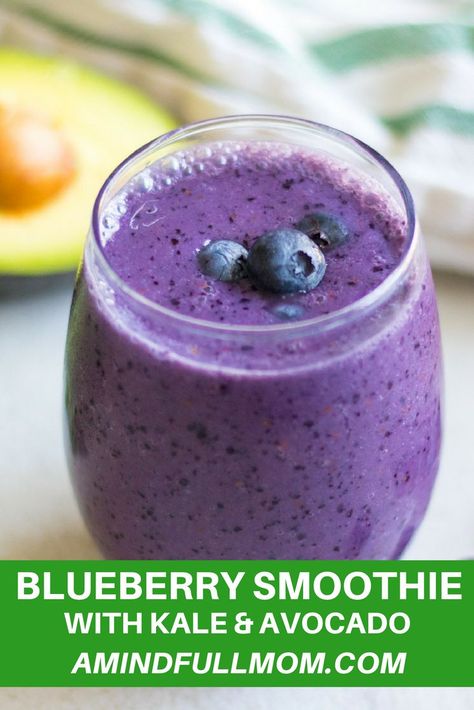 Blueberry Smoothie: A blueberry smoothie made with avocado and kale is full of calcium, protein, antioxidants, healthy fats and fruits and veggies.Whether you tell anyone that their are veggies in this smoothie is up to you, your secret is safe with me. #healthyrecipe #smoothie #blueberrysmoothie #kale #avocado #blueberries #glutenfree #dairyfreesmoothie #vegan via @amindfullmom Smoothies With Kale, Blueberry Kale Smoothie, Blueberry Avocado Smoothie, Banana Apple Smoothie, Safe With Me, Avocado Dessert, Dairy Free Smoothies, Green Detox Smoothie, Blueberry Smoothie