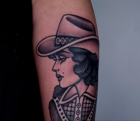 American Traditional Cowgirl Head, Trad Cowgirl Tattoo, American Traditional Woman Face Tattoo, Traditional Cowboy Hat Tattoo, Traditional Tattoo Cowgirl, American Traditional Cowgirl Tattoo, Doc Holiday Tattoo, Oliver Peck Tattoos, Traditional Neck Tattoo