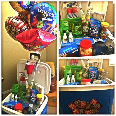 21st Birthday - ice chest gift basket for a guy. Graduate to drinking age + happy birthday ballons, hang over kit, cooler full of beer and liquor, liquor lei, red solo cup hat, drive to Vegas snacks, scratchers, tshirt 'made in 1996 - authentic made to perfection' 21st Birthday Gifts For Guys, 21st Birthday Basket, Liquor Gift Baskets, Guys 21st Birthday, Happy Birthday Nephew, Birthday Balloons Pictures, 21st Bday Ideas, Liquor Gifts, Boyfriend Gift Basket