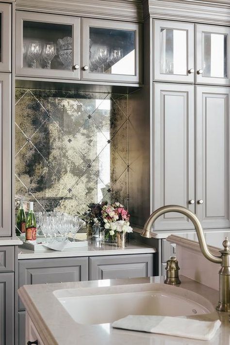 Diamond pattern antiqued mirrored backsplash tiles Mirror Backsplash Kitchen, Antique Mirror Backsplash, Antique Mirror Tiles, Mirrored Tile, Kitchen Logo, Mirror Backsplash, Kabinet Dapur, Gray Cabinets, Fabulous Kitchens