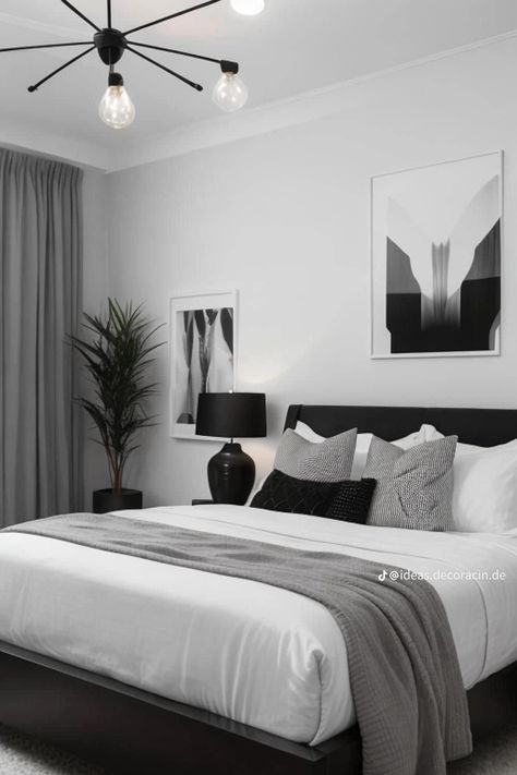 Black Bed In White Room, Bedroom White Headboard, Bedroom Ideas White Walls, Room With Black Accents, Bedroom With Black Furniture, Black Furniture Bedroom, Black Headboard Bedroom, Black And White Bed, Black White And Grey Bedroom