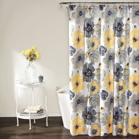 Bathroom Flowers, Yellow Shower Curtains, Gray Shower Curtains, Decor Baie, Lush Decor, Yellow Bathrooms, Floral Shower Curtains, Curtain Bathroom, Apartment Bathroom