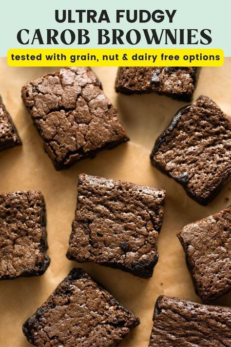 carob brownie cut into squares Carob Brownies, Vegan Butter Substitute, Brownies Gluten Free, Reflux Recipes, Lunchbox Recipes, Flourless Brownies, Acid Reflux Recipes, Carob Powder, Free Friends