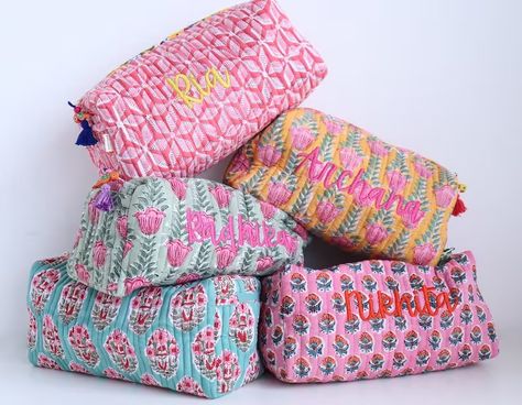 Buy Personalized Quilted Makeup Bags Bulk Lot Block Print Cosmetic Pouches Block Print Make up Bags Monogram Toiletry Bag for Women Online in India - Etsy Personalized Toiletry Bag, Cute Makeup Bags, Hand Painted Beads, Make Up Bags, Bohemian Bags, Indian Block Print, Pencil Bags, Block Printing Fabric, Makeup Bags