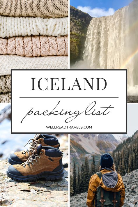 Are you traveling to the land of fire and ice? Unsure what to pack? I'm here to help. This Iceland packing list includes everything you'll need to stay safe and warm on your trip. It includes tops, bottoms, jackets, shoes, accessories, and bags. What more could you want? Click here to read more! Iceland Vacation Outfit, Winter In Iceland Outfits, Iceland November Outfit, Iceland Capsule Wardrobe, Iceland Packing List Fall, Iceland Backpacking, Iceland Travel Outfit Winter, Iceland Cruise Packing Lists, Iceland Outfit Ideas