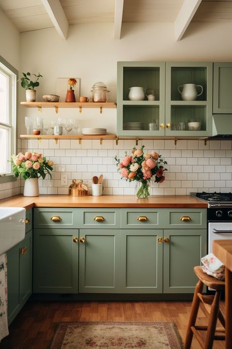 Cottagecore Kitchen Backsplash, Two Toned Cabinets Kitchen, Colourful Kitchen Ideas, Kitchen With Green Cabinets, Cottage Kitchen Ideas, Cozy Cottage Kitchen, Green Kitchen Cabinets, Casa Vintage, Cottage Kitchens