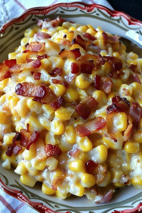 Slow Cooker Cheddar Corn with Bacon Corn With Bacon, Cheddar Corn, Slow Cooker Creamed Corn, Bacon Casserole, Creamed Corn Recipes, Cheesy Corn, Corn Dishes, Buttered Corn, Creamy Corn