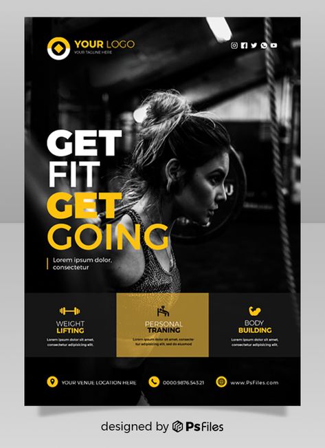 Download Free Poster design PSD file for your Fitness Club, Business Fitness Posters Design, Fitness Training Poster Design, Poster Gym Design, Workout Poster Design, Business Poster Design Ideas, Gym Branding Design, Gym Banner Design, Fitness Graphic Design, Gym Graphic Design