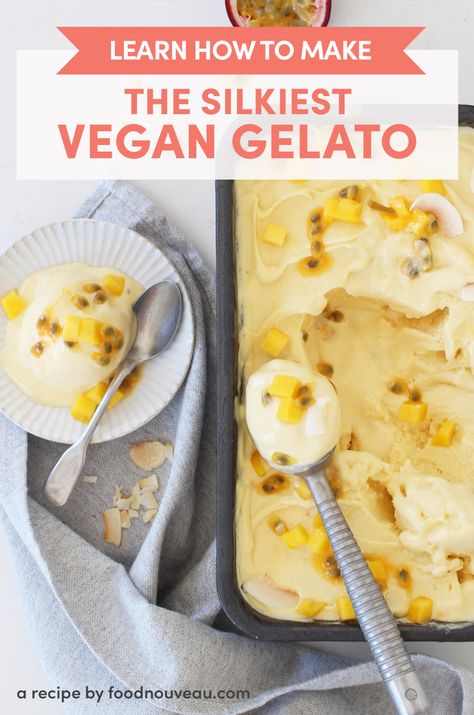 Get helpful tips and an easy recipe for making a silky smooth, rich-tasting vegan gelato base you can turn into a variety of delicious fruity treats. Passion Fruit Gelato, Gelato Base Recipe, Dairy Free Gelato, Vegan Gelato, Gelato Recipe, Fruity Treats, Frozen Dessert Recipe, Sorbet Recipes, Italian Ice