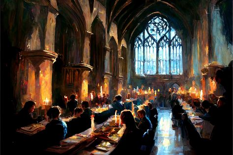 Hogwarts Aesthetic Painting, Hogwarts Great Hall Aesthetic, Hogwarts Illustration, Hogwarts Artwork, Hogwarts Painting, Hogwarts Great Hall, Harry Potter Painting, Harry Potter Room Decor, Harry Potter Wall