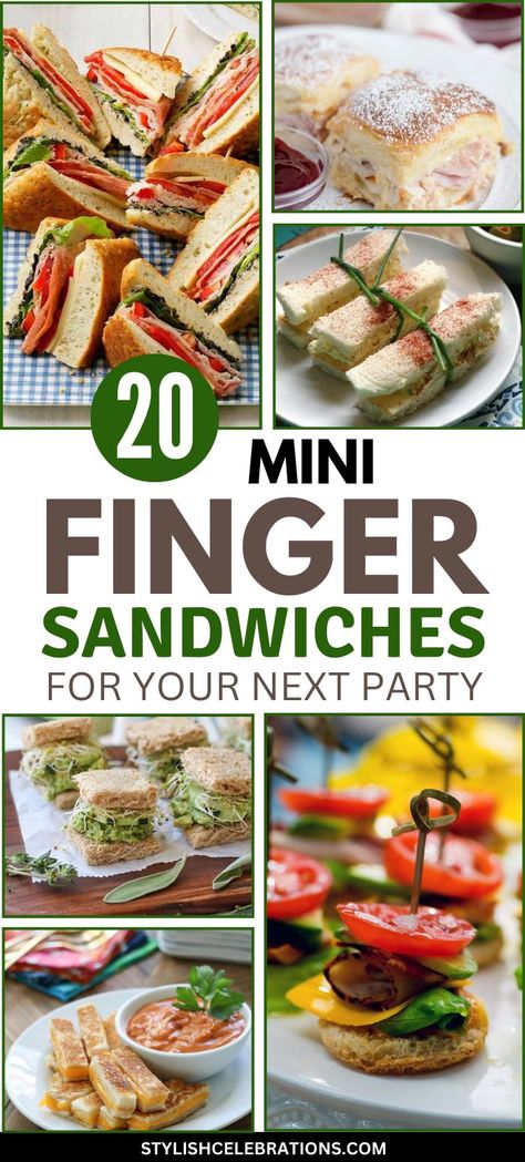 20 Mini Finger Sandwiches for Your Party Finger Sandwich Recipes, Sandwiches For Parties, Easy Finger Sandwiches, Brunch Finger Foods, Vegetarian Finger Food, Tea Party Brunch, Brunch Christmas, Christmas Sandwiches, Finger Sandwich