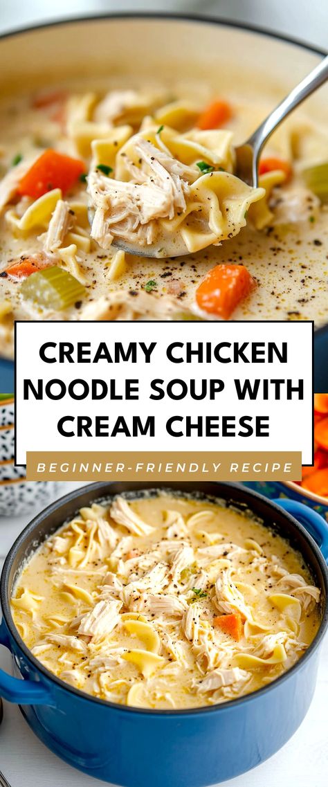 Image for Creamy Chicken Noodle Soup with Cream Cheese Garlic Chicken Noodle Soup, Chicken Noodle Soup With Cream Cheese, Best Chicken Noodle Soup Recipe When Sick, Cream Cheese Chicken Noodle Soup, Healthy Creamy Chicken Soup, Creamy Chicken Noodle Soup Instant Pot, Healthy Chicken Noodle Soup Recipes, Creamy Rotisserie Chicken Soup, Snow Day Meals Comfort Foods