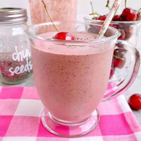 Today, we're making Cherry Ginger Smoothies! This smoothie is super easy to whip up thanks to a shortcut ingredient. And, it's bursting at the seams with sweet and spicy delicious flavor!Let's start with the cherries. We want to use sweet, dark cherries for the recipe. This is a breakfast smoothie, after all, so sour is not what we're going for here. You can buy frozen cherries all ready to go for you in the freezer section of the grocery store; or you can do like I did and buy a cou… Ginger Smoothie Recipes, Cherry Smoothie Recipes, Chia Seed Coconut Milk, Cherry Smoothie, Ginger Smoothie, Smoothie Prep, Frozen Cherries, Vanilla Almond Milk, Sour Cherry