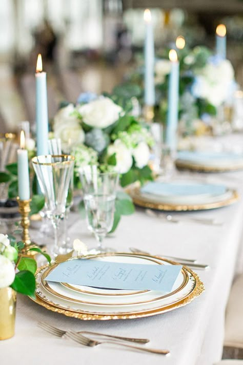 Ideas for a Beautiful Aquamarine Wedding Blue Place Settings, Gold Place Setting, Baby Blue Weddings, Aquamarine Wedding, Chic Vintage Brides, Blue Wedding Inspiration, Dusty Blue Weddings, Long Table, Wedding Table Settings