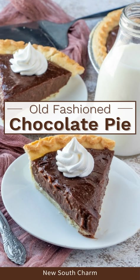 This Old Fashioned Chocolate Pie from New South Charm is a rich, creamy, chocolate dream. It’s made from scratch with only seven ingredients and ready in just minutes. Take this along to the next party and it will be the star of the party! It's the perfect dessert. Old Fashioned Chocolate Pie, Homemade Chocolate Pie, Easy Chocolate Pie, Chocolate Pie Recipe, Yummy Pie Recipes, Chocolate Pie Recipes, Easy Pie Recipes, Chocolate Cream Pie, Easy Pie