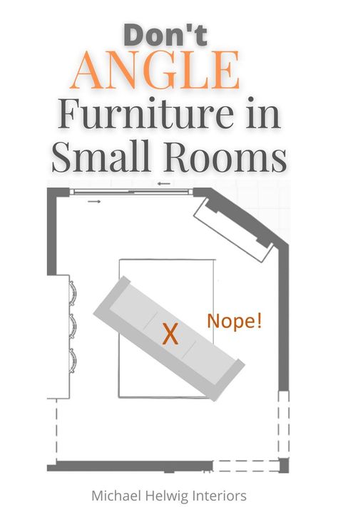 Since the fireplace is angled, placing a sofa angled toward it, would impede on a lot of floor space, not to mention it will be smack in the center of a couple of pathways. Living Room Layout Angled Fireplace, Corner Fireplace Rug Layout, Small Living Room With Angled Fireplace, Angled Furniture Living Rooms, Couch Angled In Corner, Corner Angled Fireplace, Angled Wall Fireplace, Living Room With Angled Wall, Couch At An Angle In Living Room