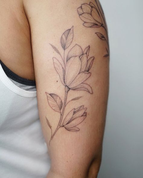 Saucer Magnolia Tattoo, Single Magnolia Flower Tattoo, Magnolia Rib Tattoo, Flower Tattoos Magnolia, Fine Line Magnolia Flower Tattoo, Magnolia Tattoo, Tattoo Floral, Leaf Tattoos, Tattoo Inspo