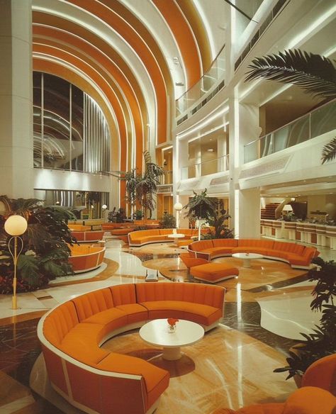 Soft Surrealism Interior Design, Mid Century Modern Lobby, Retrofuturism Decor, 70s Building, Retro Futurism Interior Design, 1970 Architecture, 70s Interior Design Retro, 80s Architecture, Retro Futurism Interior