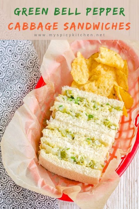 Cabbage green bell pepper sandwiches are packed with nutrients and easy to prepare as well.  Serve as an after school snack, brunch or a light meal.    #LunchBoxIdeas #KidsFriendly #PicnicFoodIdeas    #MySpicyKitchen Aaloo Chaat, Cabbage Sandwich, Fresh Salmon Patties, Easy Sandwiches, Pepper Sandwich, 3 Ingredient Cookies, Tofu Curry, Fantastic Recipes, Sandwich Ideas