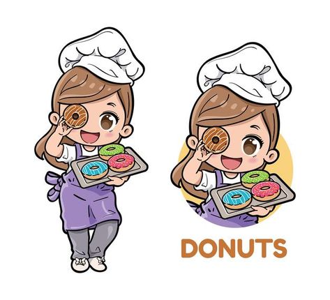 Cute female bakery chef carrying donuts ... | Premium Vector #Freepik #vector #logo #food #restaurant #woman Donut Cartoon, Donut Logo, Cartoon Chef, Homemade Doughnuts, Chef Logo, Cute Potato, Diy Best Friend Gifts, Teacher Quotes Inspirational, Cute Donuts