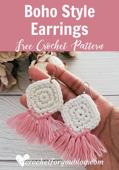 Crochet Boho Style Earrings Pattern by Crochet For You Crochet Small Earrings, Free Crochet Earring Patterns, Crocheted Earings, Crochet Earrings Free Pattern, Crochet Boho Earrings Free Pattern, Beginner Crochet Earrings, Crochet Easy Earrings, Crochet Sun Earrings, Boho Crochet Earrings Pattern