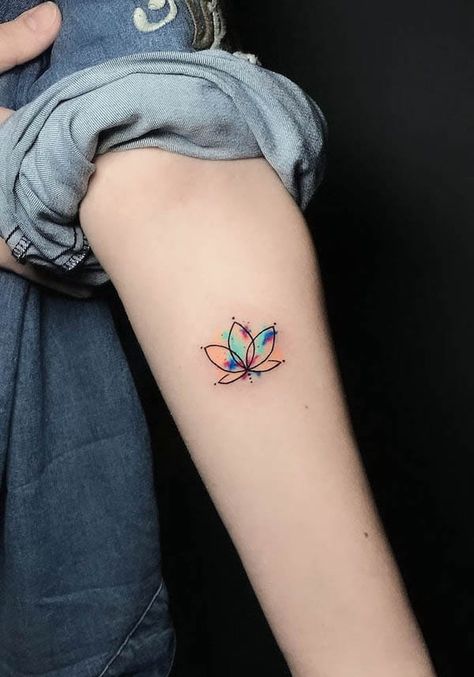 63 Soulful Lotus Tattoos with Meaning - Our Mindful Life Small Flower Tattoo Designs For Women, Small Colourful Tattoos For Women, Lotus Flower Tattoo Small Arm, Lotus Color Meaning, Neon Flower Tattoo, Small Colour Tattoos For Women, Colour Lotus Flower Tattoo, Watercolor Small Tattoo, Coloured Lotus Tattoo