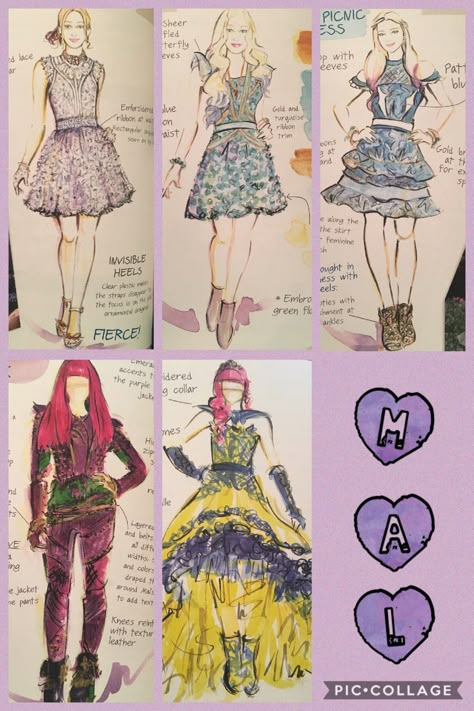 Mal's Descendants 2 evolution (outfits designed by Evie) Descendants Dresses, Mal Descendants Outfit, Descendants Outfit Ideas, Mal Outfits, Disney Descendants Costume, Descendants Outfits, Mal Costume, Disney Descendants Mal, Disney Descendants 2