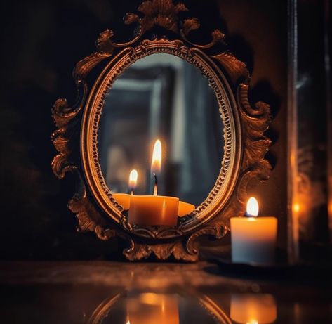 Scrying Mirror Aesthetic, Flower Fire, Photography Studio Decor, Scrying Mirror, Still Life Pictures, Orange Candle, Set Design Theatre, Old Mirror, Phone Aesthetic