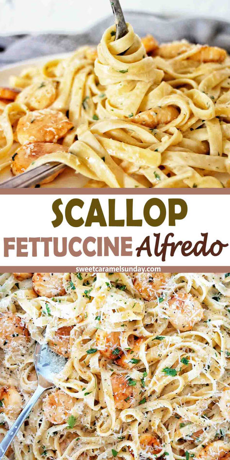 Fork being twirled in plate of fettuccine with scallops. There is text written between 2 images.